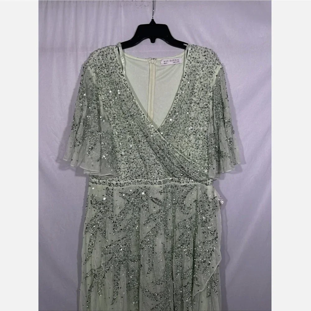 NWT $498 Mac Duggal [‎ 18 ] Sequined Butterfly Sleeve High Low Gown Sage Greeen
